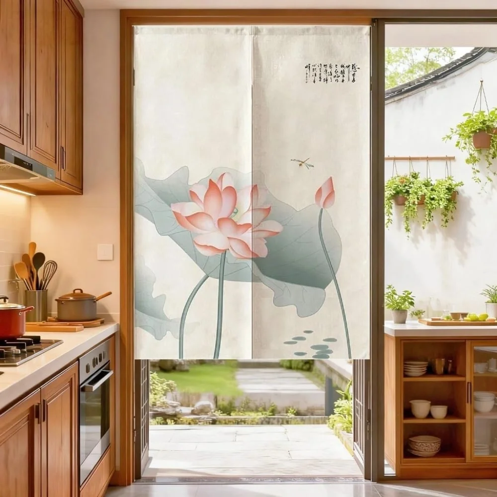 MYRU Japanese Noren Doorway Curtain Tapestry (Green Lotus,33.5 Inches x 59 Inche - Picture 2 of 8